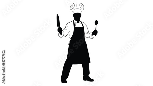 Black silhouette of a chef holding a knife and spoon isolated on white background