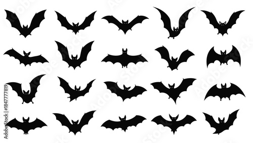 A collection of black bat silhouettes flying in various positions on a white background