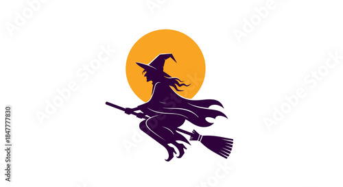 A mystical witch silhouette gracefully soars across a vibrant full moon on her broomstick, evoking an enchanting Halloween atmosphere.