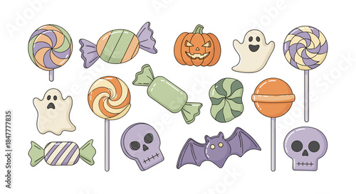 A delightful assortment of pastel-colored Halloween sweets and spooky characters, including lollipops, wrapped candies, pumpkins, ghosts, skulls, and bats, perfect for festive holiday designs.