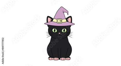 An adorable cartoon black cat, adorned with a charming lavender witch hat, sits upright, its bright green eyes gazing forward, perfect for Halloween designs.