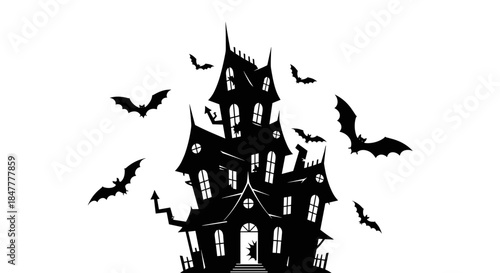 A spooky haunted house silhouette with flying bats creates an eerie, mysterious atmosphere perfect for Halloween designs and nocturnal themes.