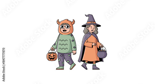 Two cheerful children, one dressed as a friendly monster and the other as a whimsical witch, happily trick-or-treating during Halloween festivities.