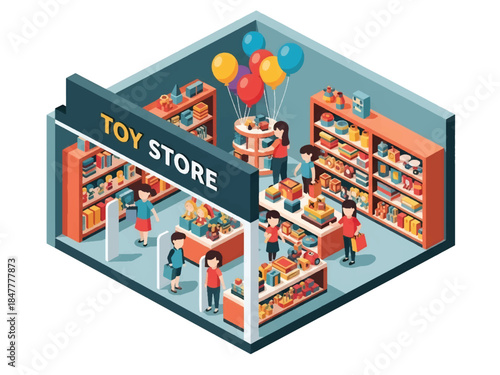 Isometric vector illustration of a colorful toy store interior with shelves full of toys, customers shopping, and cashier counter, representing retail business, kids products, and shopping experience.