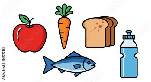 A vibrant collection of healthy food and drink essentials, including fruits, vegetables, protein, and hydration, promoting a balanced lifestyle.