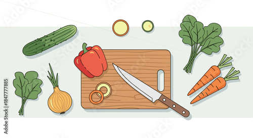 A vibrant, top-down illustration showcases fresh, colorful vegetables like cucumber, bell pepper, carrots, and spinach surrounding a cutting board with a sharp knife, perfect for healthy cooking.