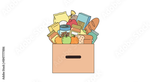 A vibrant illustration depicts a cardboard box overflowing with a diverse assortment of groceries, symbolizing abundance and provision.