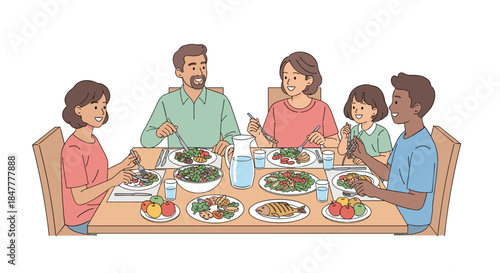 A diverse family enjoys a healthy and delicious meal together at a wooden dining table, fostering connection and shared moments.