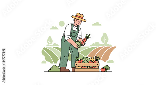 A happy farmer, wearing a straw hat and overalls, harvests fresh organic vegetables from his field, placing them into a wooden crate.