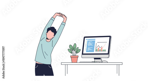 A person stretches their arms above their head next to a computer and plant, illustrating the importance of breaks and physical activity during work.