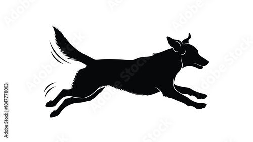 Black dog running silhouette isolated on white background