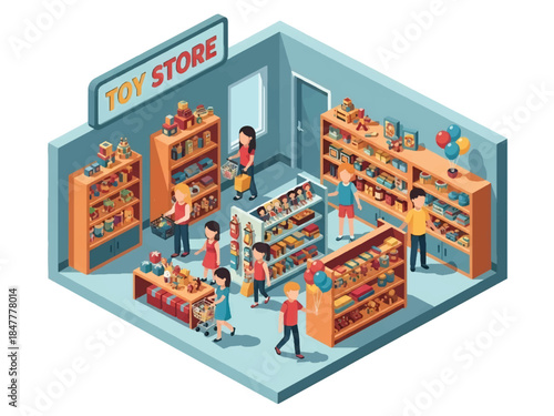 Isometric vector illustration of a colorful toy store interior with shelves full of toys, customers shopping, and cashier counter, representing retail business, kids products, and shopping experience.