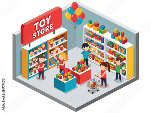 Isometric vector illustration of a colorful toy store interior with shelves full of toys, customers shopping, and cashier counter, representing retail business, kids products, and shopping experience.