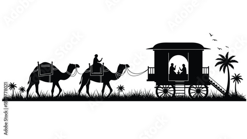 Silhouette of two camels pulling a cart with people inside through a tropical landscape isolated on white background