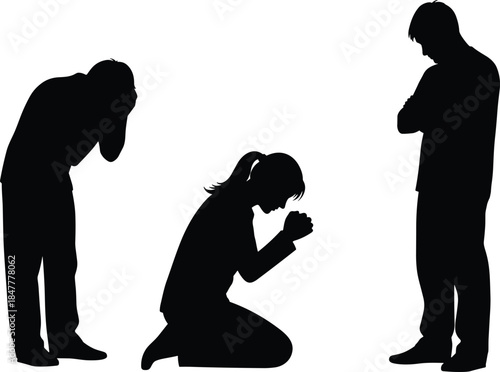 Emotional interaction and judgment icon set, black silhouette illustration of pleading, contemplation, and disappointment postures graphic