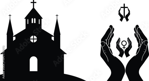 Faith and protection icon set, black silhouette illustration of church and symbolic hands with gender and health awareness symbols graphic