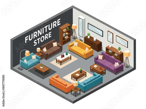 Isometric 3D view vector of a furniture showroom interior with sofas, tables, lighting displays, and modern home retail concept