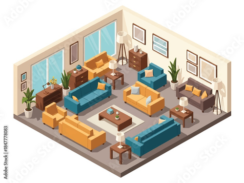 Isometric 3D view vector of a furniture showroom interior with sofas, tables, lighting displays, and modern home retail concept
