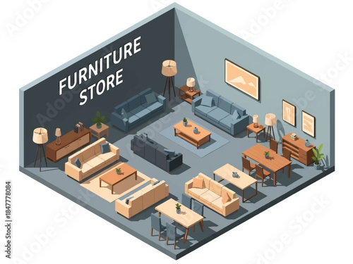 Isometric 3D view vector of a furniture showroom interior with sofas, tables, lighting displays, and modern home retail concept