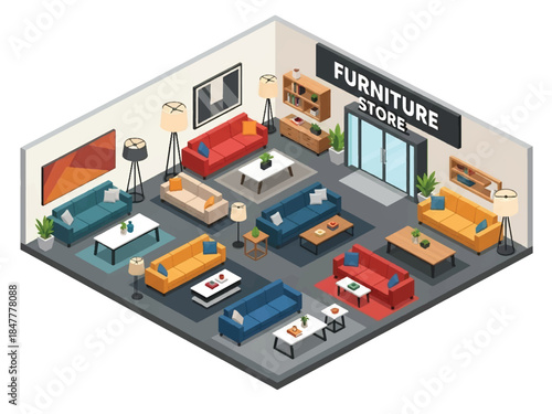 Isometric 3D view vector of a furniture showroom interior with sofas, tables, lighting displays, and modern home retail concept