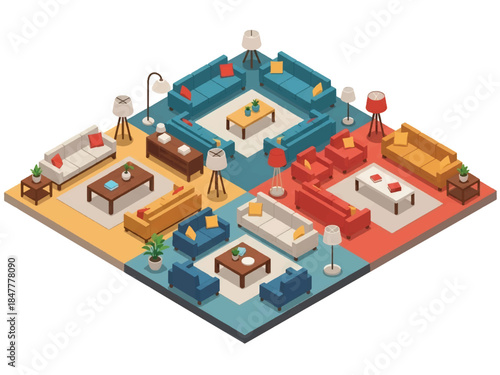 Isometric 3D view vector of a furniture showroom interior with sofas, tables, lighting displays, and modern home retail concept