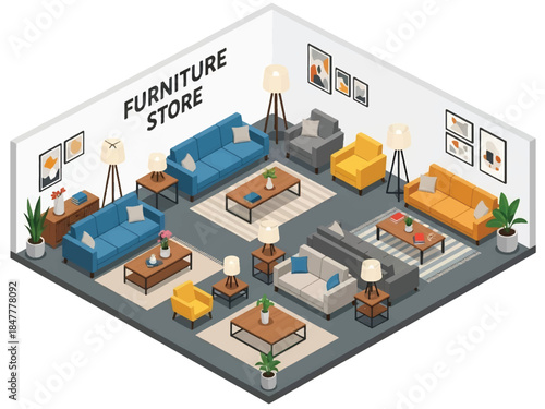 Isometric 3D view vector of a furniture showroom interior with sofas, tables, lighting displays, and modern home retail concept