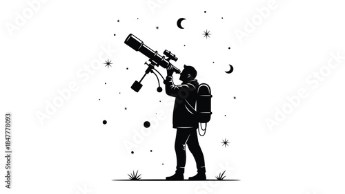 Man in silhouette looking through telescope at night sky with stars and moon isolated on white background