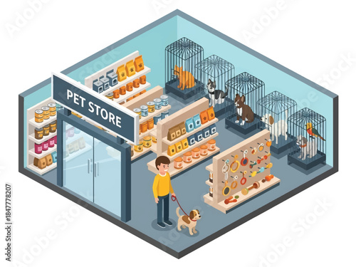 Isometric 3D view vector of a pet store interior with pet food, accessories, and animal care retail concept