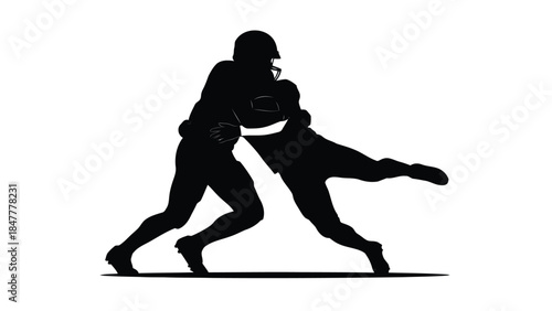American football player running with ball while being tackled in silhouette style isolated on white background