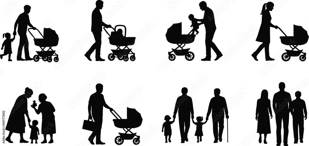 Naklejka premium Family caregiving and stroller icon set, black silhouette illustrations of parenting, grandparenting, and child interaction scenes graphic