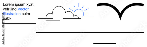 Nature, minimalism, simple design, abstract art, graphic composition, modern artwork. Stylized clouds, sun rays and a bird against a plain backdrop. Nature and minimalism in graphic design concept
