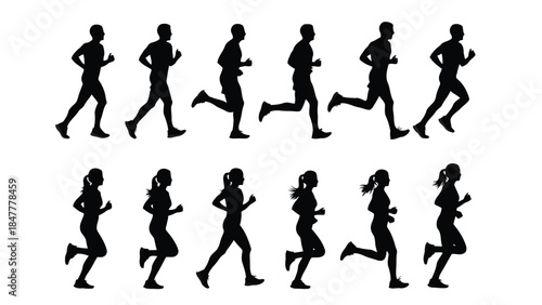 Silhouettes of men and women running in various positions against a white background