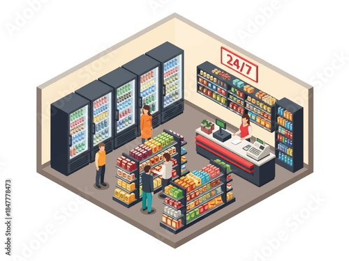 Isometric vector illustration of a 24/7 convenience store interior with customers shopping aisles, refrigerated drinks, stocked shelves, and cashier checkout, ideal for retail, food service, and urban
