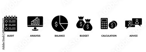 Banner financial accounting stock market graphs analysis with vector icons 