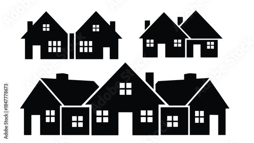 A collection of different house silhouettes and neighborhood icons in black and white vector format