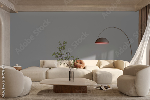 Organic Modern Living Room with Soft Curved Furniture, Dramatic Arc Lamp, Warm Neutral Palette, and Elegant Design Aesthetics. Cloud Dancer 2026