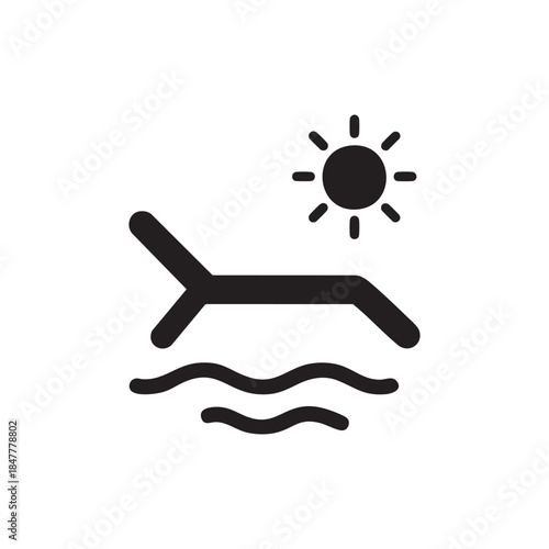AI themed black and white vector icon of sunbed with sun and waves minimal symbol for technology UI and branding