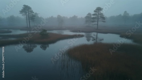 Foggy Wetland Landscape With Subtle Water Movement