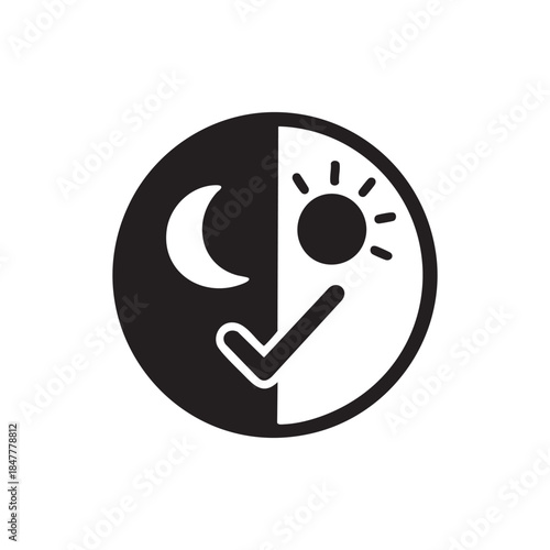 Monochrome AI Day and Night Mode Icon with Checkmark for 24 7 Automation and Smart Scheduling