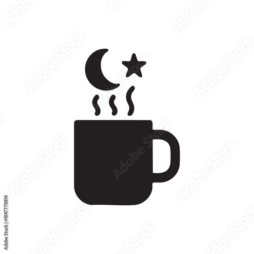 Black and white vector icon of AI night coffee mug with moon star and steam