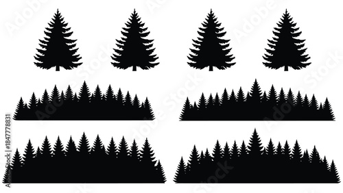 Black silhouettes of pine trees and forest landscapes isolated on white background
