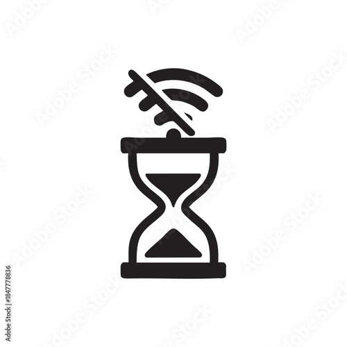 Black and white AI hourglass vector icon for timeout processing connectivity and no wifi