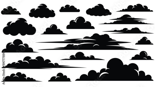 A set of black cloud silhouettes representing various weather types and sky conditions