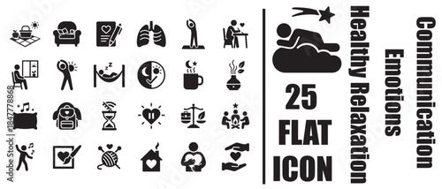 Healthy relaxation and self care black flat icon set of 25 activities for calm lifestyle mental health and stress relief