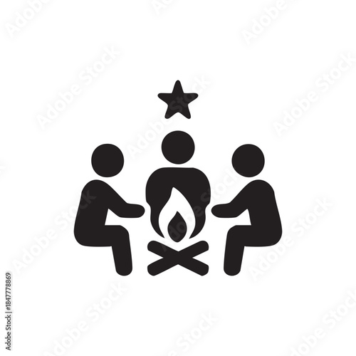 Black and white vector icon of AI community around a campfire symbolizing collaboration brainstorming mentorship and innovation