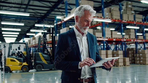 Senior adult manager expertly checking inventory and managing supply chain logistics, reflecting modern business efficiency and operational control within a bustling distribution warehouse