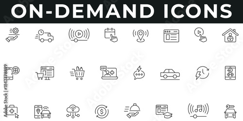 On-Demand Icons vector illustration with thin line editable stroke containing delivery, streaming, e-learning, cloud service, online order, remote work, instant access, real time tracking, fitness app