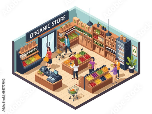Isometric 3D view vector of a grocery store interior with shelves of food products, shopping carts, and everyday retail environment