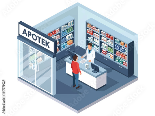 Isometric 3D view vector of an apotek or pharmacy store interior with medicine shelves, counter service, and healthcare retail environment