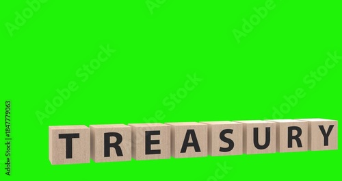 4K Dynamic 3D Animation rendering of Treasury on wooden blocks and coins showing increament in finance and banking